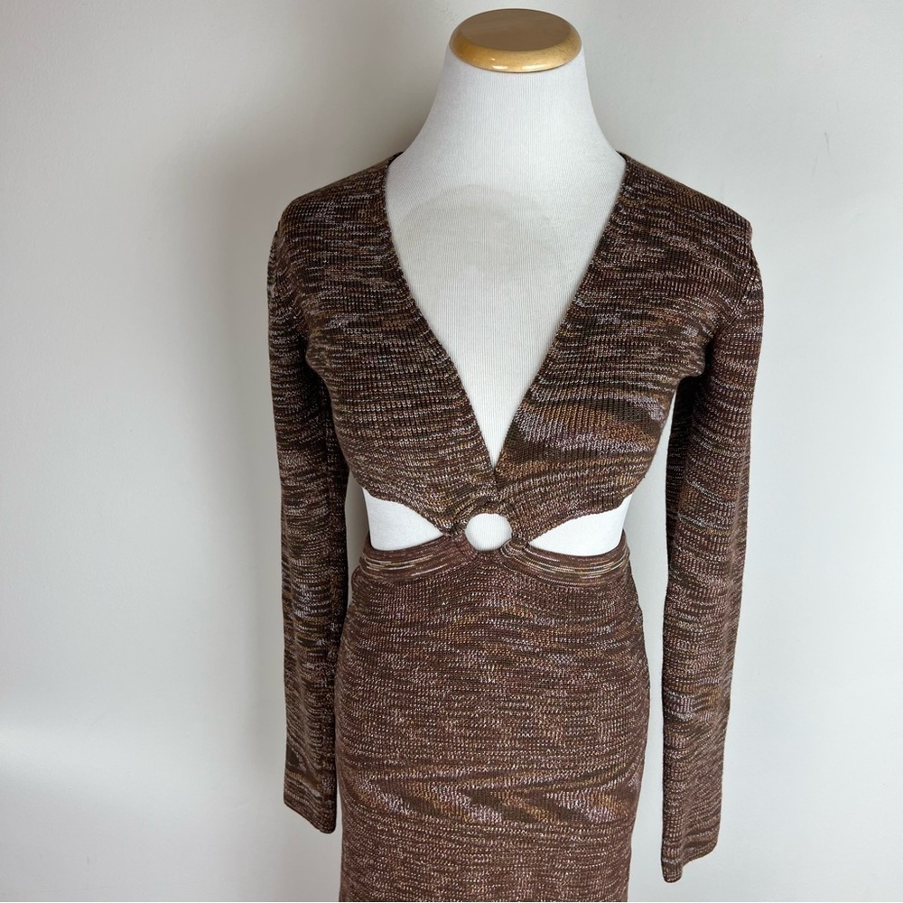 12th Tribe Brown Long Sleeve Knit Cut Out Midi Dress Size L - Picture 4 of 8